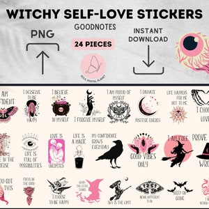May include: A set of 24 digital stickers featuring illustrations of a witchy aesthetic. The stickers include phrases like "I am confident", "I choose love", "Life is a magic", and "Prove them wrong".