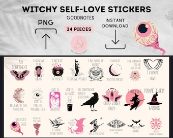 Self Love Affirmation Witchy Stickers DIGITAL, Precropped Goodnotes Stickers, Daily Affirmation, Positive Quotes, 24 PNGs,Self-Love Stickers