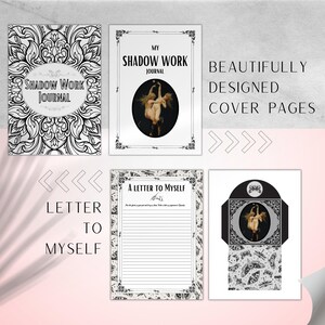 May include: Four printable journal cover pages with black and white designs. The covers feature a black and white floral design, a black and white design with a painting of two figures, a black and white design with the text "A Letter to Myself", and a black and white design with a painting of two figures in a circle.