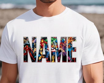 Camiseta con nombre personalizado de los Vengadores, regalo de Navidad, camiseta de MARVEL, camiseta de regreso a clases, regalo para mamá, regalo para papá, camiseta de enfermera de los Vengadores, camiseta de superhéroe