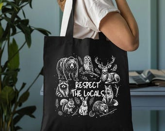 Bolsa de tela "Respeta a los locales", bolsas promocionales de animales del bosque, bolsas de tela con osos, búhos, ciervos, zorros y mapaches, ideales para acampar y hacer senderismo, regalo para amantes de los animales del bosque.