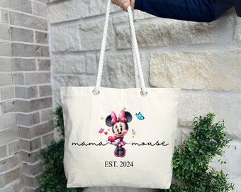Personalized Mama Mouse Tote Bag, Custom Disney Tote Bag, Minnie Mouse Roped Toted Bag, Disney Family Vacation, Mothers Day Gift, Funny Gift