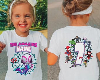 Camiseta personalizada de cumpleaños para niña con temática de Spiderman y sus increíbles amigos, camiseta a juego para toda la familia, camisetas para adultos, jóvenes y niños.