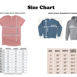 May include: Size chart for unisex short-sleeve shirts and sweatshirts. The chart shows measurements in inches for width, chest, length, and sleeve length. Sizes range from XS to 5XL.