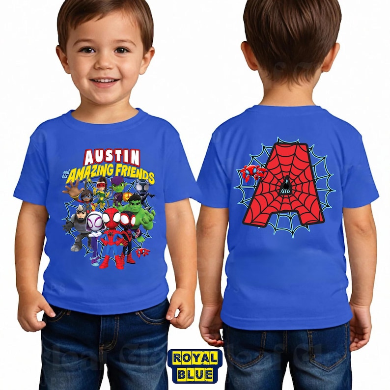 May include: A royal blue t-shirt featuring a graphic print of various superhero characters and the text Austin and his Amazing Friends on the front, and a large red letter A with a spiderweb pattern on the back of the garment.