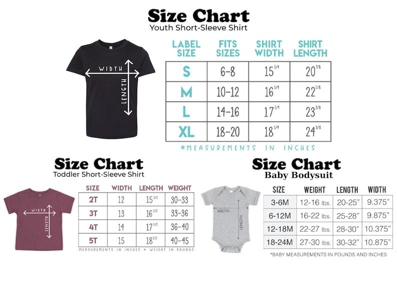 May include: Size chart for youth, toddler, and baby clothing. The chart shows the shirt width and length in inches, as well as the corresponding age range and weight. The chart is divided into three sections: youth short-sleeve shirt, toddler short-sleeve shirt, and baby bodysuit.