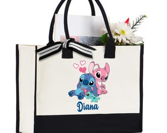 Personalized Stitch Two Color Tote Bag: Gift for Her, Disney Valentines Day Tote Bag, Love Stitch Tote Bag, Disneyland Trip