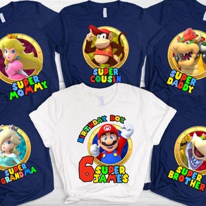Camiseta familiar personalizada de Super Mario, camisetas de personajes de Super Mario, camiseta para fiesta de cumpleaños, camiseta personalizada de cumpleaños de Mario para niño, cuello en V