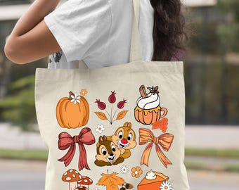 Personalized Halloween Fall Pumpkin Tote Bag, Disney Chip and Dale  Fall Coquette Bow Gifts