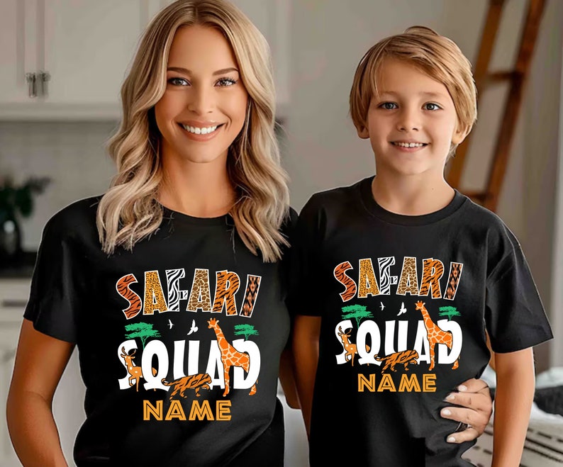 May include: Matching black t-shirts with a safari animal print design. The shirts say "Safari Squad" with a space for a name.