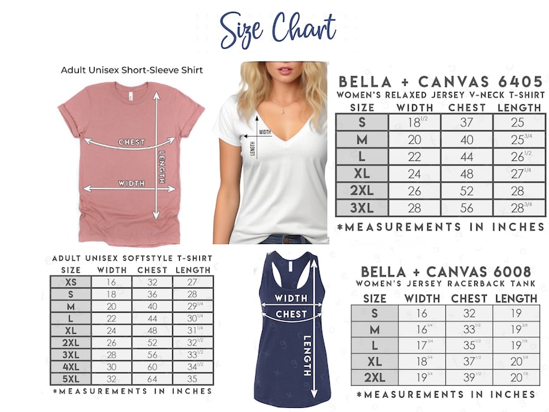 Op de afbeelding: Maattabel voor het Bella + Canvas 6405 dames v-hals t-shirt van jersey en het Bella + Canvas 6008 dames racerback tanktop van jersey. De tabel toont de maten in inches voor maten XS tot 3XL voor het t-shirt en S tot 2XL voor het tanktop. De maten omvatten breedte, borst en lengte.