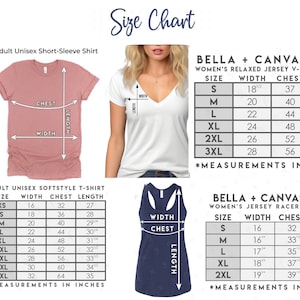 May include: Size chart for Bella + Canvas 6405 women's relaxed jersey v-neck t-shirt and Bella + Canvas 6008 women's jersey racerback tank. The chart shows measurements in inches for sizes XS to 3XL for the t-shirt and S to 2XL for the tank. Measurements include width, chest, and length.