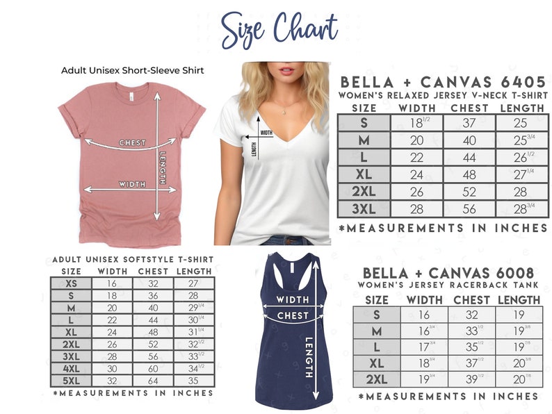May include: Size chart for Bella + Canvas 6405 women's relaxed jersey v-neck t-shirt and Bella + Canvas 6008 women's jersey racerback tank. The chart shows measurements in inches for sizes XS to 3XL for the t-shirt and S to 2XL for the tank. Measurements include width, chest, and length.