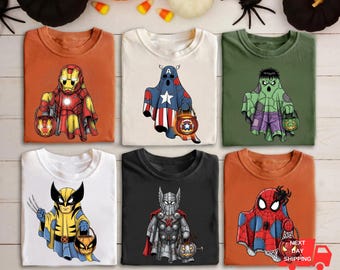 Retro Avengers Halloween Ghost Tee: Spiderman, Ironman, Hulk, Thor