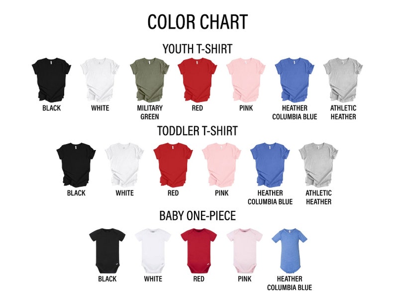 Op de afbeelding: Kleurenkaart met verschillende T-shirt- en romperkleuren voor jeugd, peuter en baby. De kleuren omvatten zwart, wit, militaire groen, rood, roze, heather columbia blauw en athletic heather.
