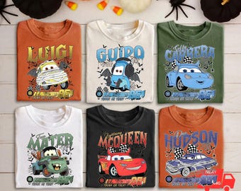 Transferencia termoadhesiva personalizada para autos de Halloween, transferencia termoadhesiva personalizada para autos de carreras con nombre, diseño de camiseta de cumpleaños espeluznante, niños de truco o trato