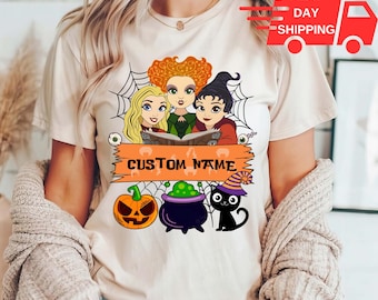 Camiseta personalizada a juego de las hermanas Sanderson de Disney, camiseta de Halloween de Hocus Pocus con nombre personalizado, camiseta de Halloween de Disney, camiseta de brujas de Halloween