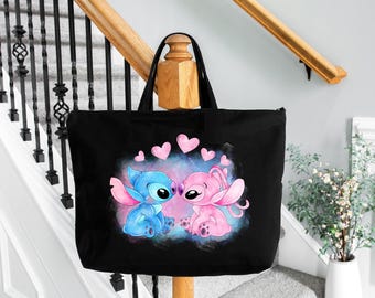 Stitch and Angel  Tote Bag, Gift for Her, Valentines Day Tote Bag, Love Stitch Tote Bag, Stich Valentine Gift, Stitch Gift,  Disneyland Trip