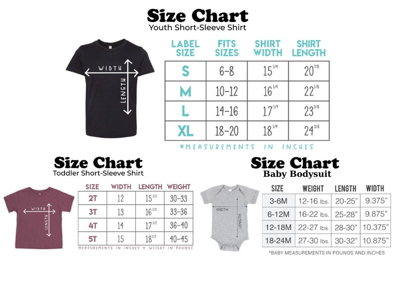 Puede incluir: Tabla de tallas para ropa de ni&ntilde;os, beb&eacute;s y reci&eacute;n nacidos. La tabla muestra el ancho y la longitud de la camiseta en pulgadas, as&iacute; como el rango de edad y el peso correspondientes. La tabla est&aacute; dividida en tres secciones: camiseta de manga corta para ni&ntilde;os, camiseta de manga corta para beb&eacute;s y body para reci&eacute;n nacidos.