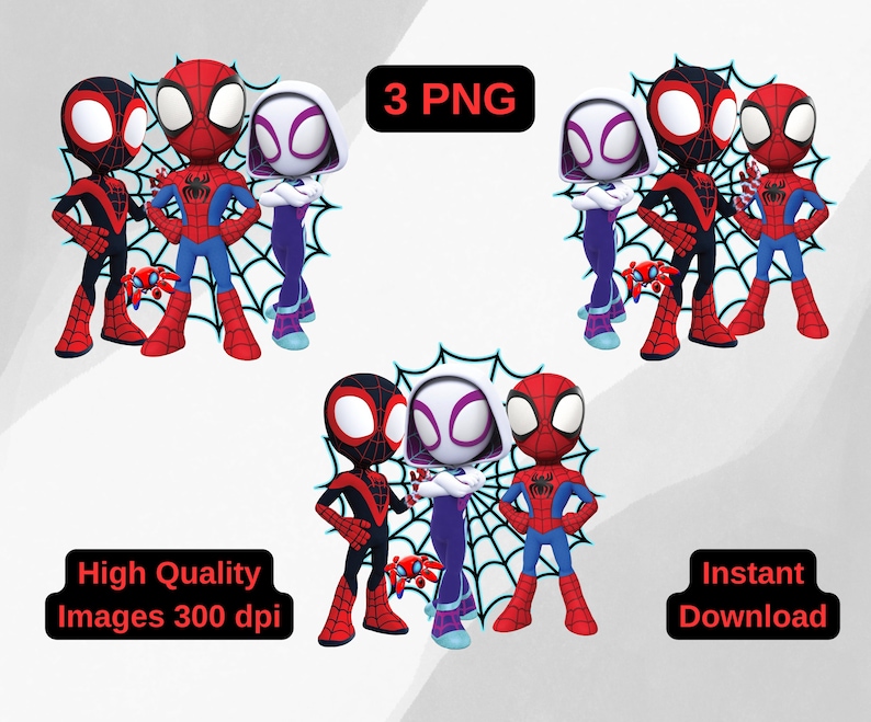 May include: Three cartoon characters, Spider-Man, Spider-Gwen, and Miles Morales, stand in front of a web design. Spider-Man is wearing a red and blue suit, Spider-Gwen is wearing a white and purple suit, and Miles Morales is wearing a black and red suit.  3 PNG