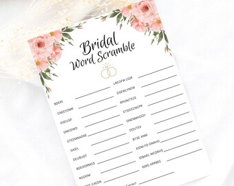 May include: A printable bridal shower game with a floral design. The game is called "Bridal Word Scramble". The game includes a list of words to unscramble.