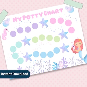 May include: A printable potty training chart featuring a mermaid and seahorse with a light blue, green, and purple color scheme. The chart has circles to color in as a reward for using the potty. The text "My Potty Chart" is at the top of the chart.