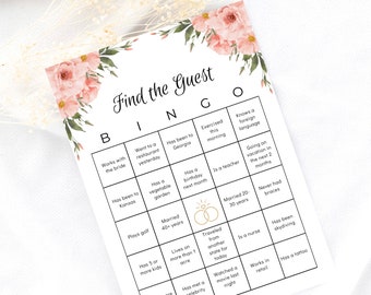 Encuentra el Bingo de despedida de soltera invitado, Descarga instantánea de juegos de despedida de soltera, Rosa, Floral