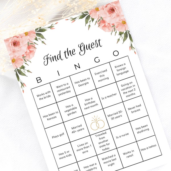 Find the Guest Bridal Shower Bingo, Bridal Shower Games Instant Download, Pink, Floral