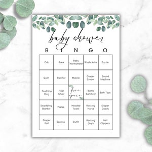 Baby Shower Bingo, Baby Bingo Printable, 30 Prefilled Bingo Cards, Baby Shower Game, Eucalyptus, Green, Instant Download
