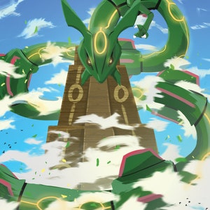 Pode incluir: Uma grande criatura verde e rosa com anéis amarelos brilhantes envolve uma torre marrom. Uma pequena figura está em uma rocha em primeiro plano.