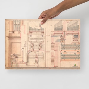 May include: A framed architectural blueprint of an organ, featuring detailed drawings in shades of beige, red, and black. The blueprint is held by a person. The image showcases the intricate design of the instrument.
