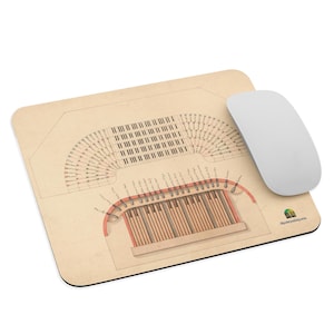 May include: A beige mousepad featuring a detailed diagram of a musical instrument's keyboard layout. The design includes a white mouse and a logo in the lower right corner. The diagram is in brown and red tones.