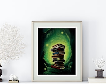 May include: A painting of a stack of books in a dark green cave with glowing lights. The books are stacked on top of each other and are surrounded by a dark green background.