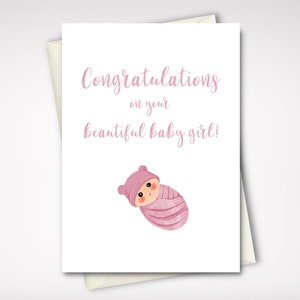 Baby Girl Greeting Card Félicitations IMPRIMABLE téléchargement instantané, Dernière minute nouvelle carte de félicitations bébé fille avec rose