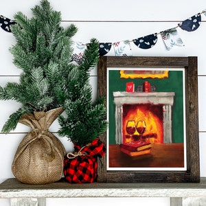 PRINTABLE ART | Instantly download, print and frame this original oil painting artwork Fireside | Gift for Readers Home Library | Christmas