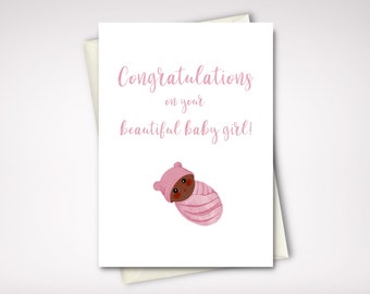 Baby Girl Greeting Card Congratulations PRINTABLE instant download, Last minute new baby girl congrats card with pink, dark skin tone
