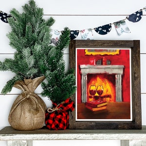 PRINTABLE ART | Instantly download, print and frame this original oil painting artwork Fireside | Gift for Readers Home Library | Christmas