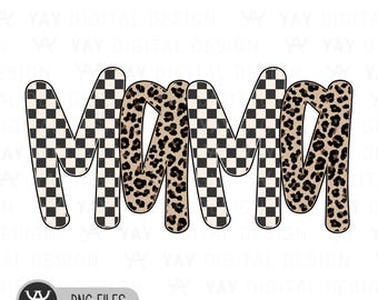 Checkerboard Leopard Mama PNG Retro Western Shirt Sublimation Design Digital Download Groovy Mother Gift