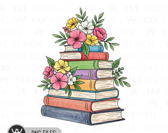 Floral Books PNG, Teacher Gift, Book Lover Design (Digital Download)