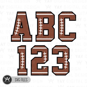 May include: A set of brown and white football-themed alphabet letters and numbers. The letters are A, B, and C. The numbers are 1, 2, and 3. The letters and numbers are outlined in black and have white stitching.