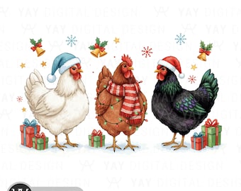 Funny Chicken Christmas PNG, Farm Animals (Digital Download)