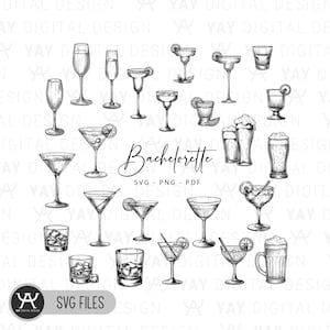 May include: A set of 20 black and white line drawings of various cocktail glasses, including martini glasses, margarita glasses, beer mugs, and shot glasses. The text "Bachelorette" is written in a decorative font at the bottom of the image.