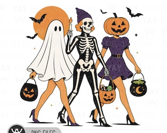 Retro Halloween Girls PNG, Ghost Skeleton Pumpkin Sublimation, Spooky Girl Squad PNG