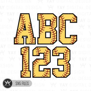 May include: A set of yellow and red baseball-themed letters and numbers. The letters are A, B, and C. The numbers are 1, 2, and 3. The letters and numbers are outlined in black.