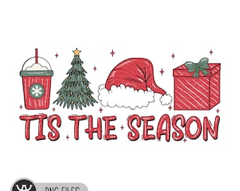 May include: A red and white Christmas-themed graphic with a coffee cup, a Christmas tree, a Santa hat, a gift box, and the text "Tis the Season".
