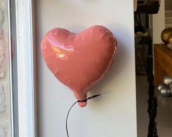 Pink Ceramic Heart Balloon Wall Hanging, Valentines Day Decor, Pink Balloon Sculpture, Valentines Day Gift, Pottery Heart Wall Art