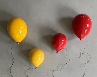 Contemporary Wall Art, Set of 4 Balloon Ceramic Sculptures, Unique Home Decor, Yellow Ceramic Balloon, Red Ceramic Balloon, Balloon Wall Art