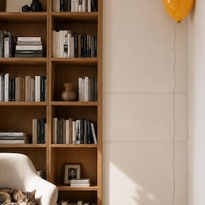 Puede incluir: Una estanter&iacute;a de madera alta llena de libros, un jarr&oacute;n peque&ntilde;o y arte enmarcado, junto a una pared clara con un globo amarillo brillante sujeto a un hilo negro fino, y un gato atigrado descansando en una silla cercana.