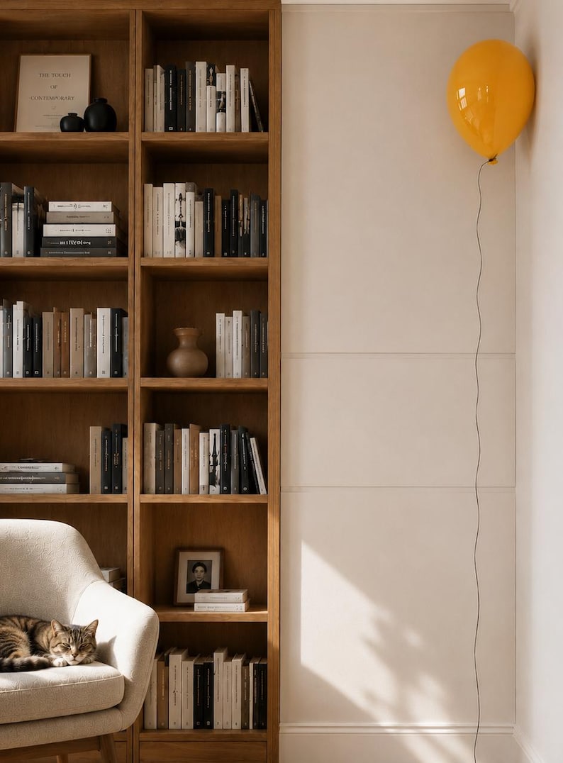 Puede incluir: Una estanter&iacute;a de madera alta llena de libros, un jarr&oacute;n peque&ntilde;o y arte enmarcado, junto a una pared clara con un globo amarillo brillante sujeto a un hilo negro fino, y un gato atigrado descansando en una silla cercana.