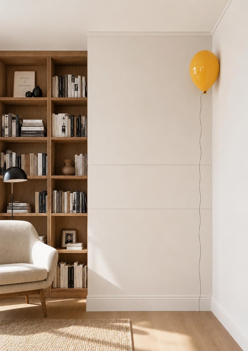 May include: A bright yellow balloon is attached to a thin black string that hangs vertically against a plain white wall. The balloon is positioned in the upper corner of the wall, creating a stark contrast with the neutral, light-colored interior.